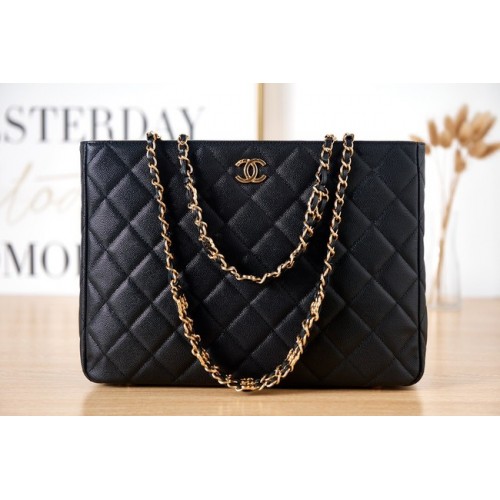 CHANEL SAC SHOPPING en métal doré AS3583 en cuir de veau grainé noir