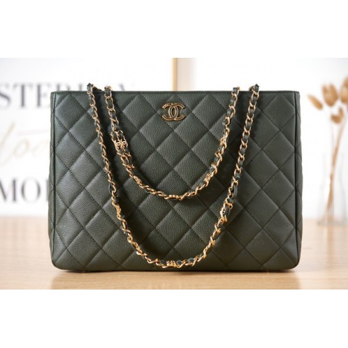 CHANEL SAC SHOPPING en métal doré AS3583 en cuir de veau grainé vert noirâtre