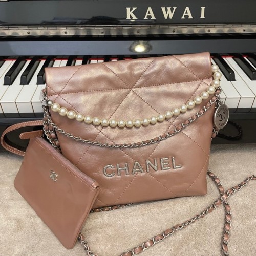 SAC À MAIN CHANEL MINI 22 Cuir de veau métallisé Silver Metal AS3989 ROSE