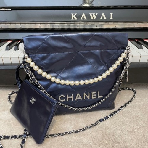 SAC À MAIN CHANEL MINI 22 Cuir de veau métallisé Silver Metal AS3989 Bleu roi