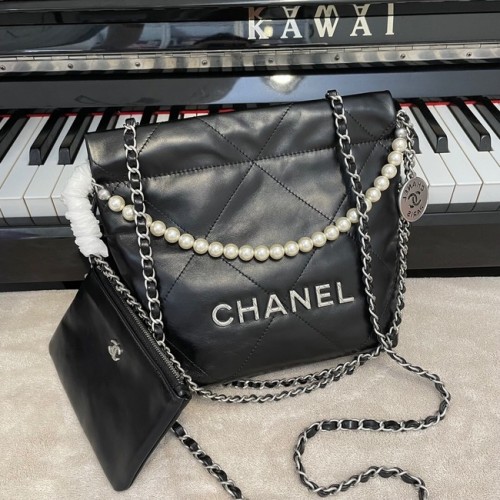 SAC À MAIN CHANEL MINI 22 Cuir de veau métallisé Silver Metal AS3989 noir
