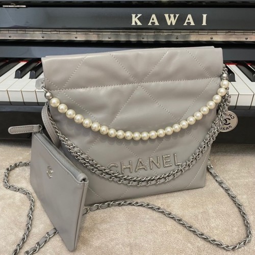 SAC À MAIN CHANEL MINI 22 Cuir de veau métallisé Silver Metal AS3989 gris