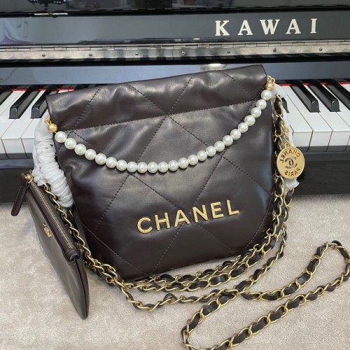 SAC À MAIN CHANEL MINI 22 Cuir de veau métallisé doré Métal AS3989 Café
