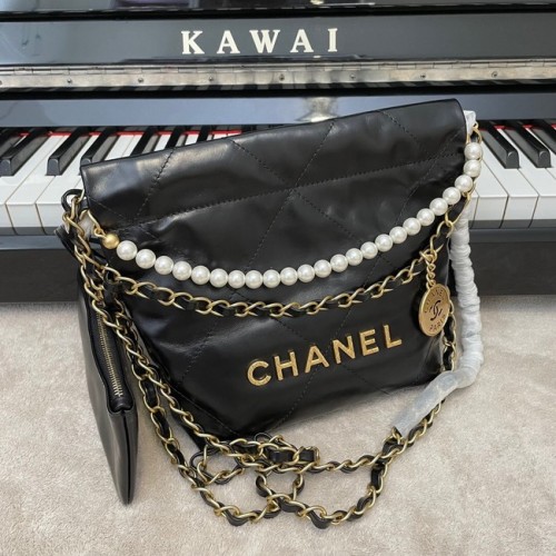 SAC À MAIN CHANEL MINI 22 Cuir de veau métallisé doré Métal AS3989 noir