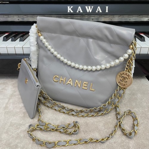 SAC À MAIN CHANEL MINI 22 Cuir de veau métallisé doré Métal AS3989 gris
