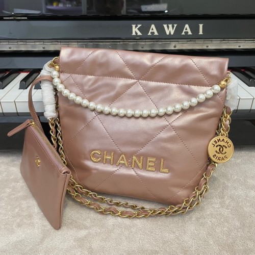 SAC À MAIN CHANEL MINI 22 Cuir de veau métallisé or Métal AS3989 rose