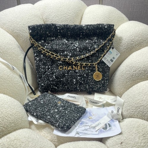 CHANEL SAC À MAIN PETIT 22 Tweed Métal Doré AS3260 NOIR