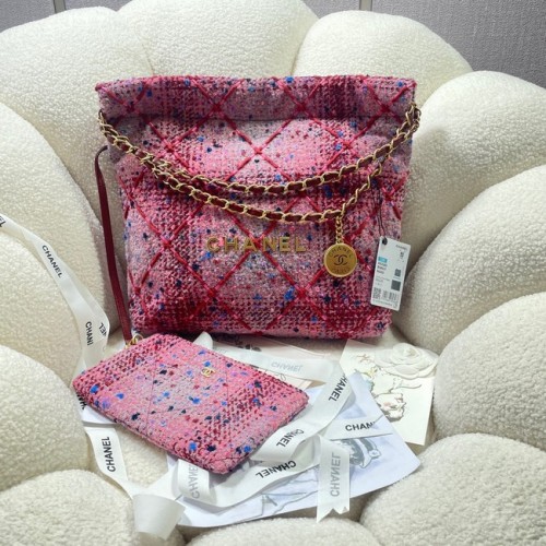 CHANEL SAC À MAIN PETIT 22 Tweed Métal Doré AS3260 ROSE