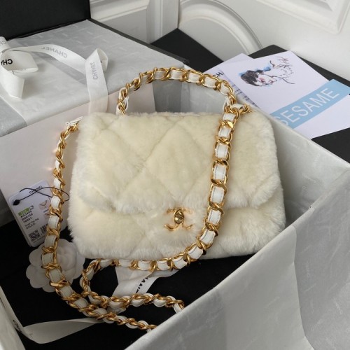 CHANEL PETIT SAC À RABAT Métal Doré AS3499 blanc