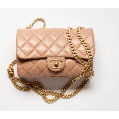 PETIT SAC À RABAT CHANEL Agneau Métal doré AS3393 rose