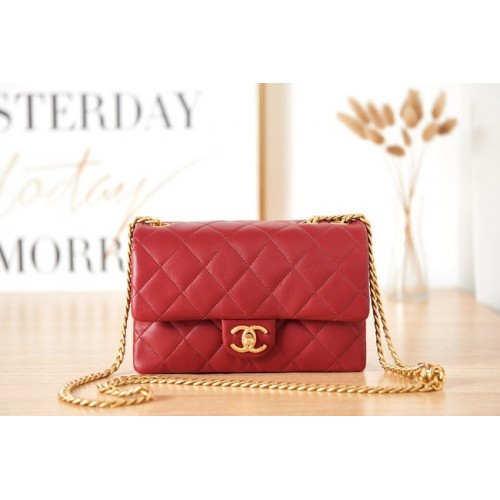 PETIT SAC À RABAT CHANEL Agneau Métal doré AS3393 rouge