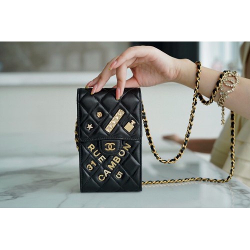 CHANEL Micro Mini Sac à Bandoulière Sur Chaîne AP2288 Noir