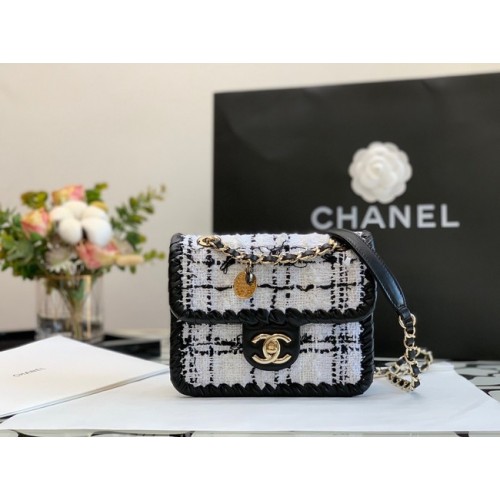 CHANEL Veau tressé Tweed Métal doré AS6075 noir