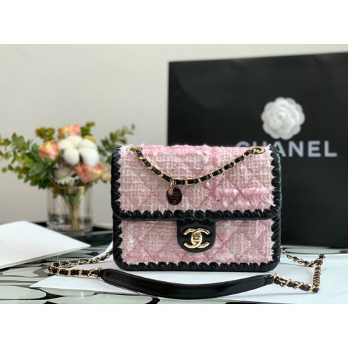 CHANEL Veau tressé Tweed Métal doré AS6075 rose