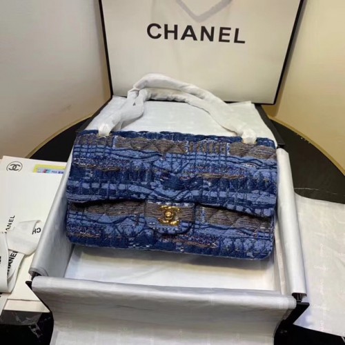 CHANEL Veau Tweed - Métal doré AS1112 bleu