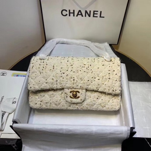 CHANEL Veau Tweed - Métal doré AS1112 blanc