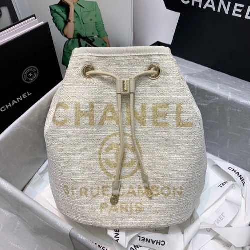 CHANEL Sac à cordon en cuir de veau tweed métal doré 60588 blanc
