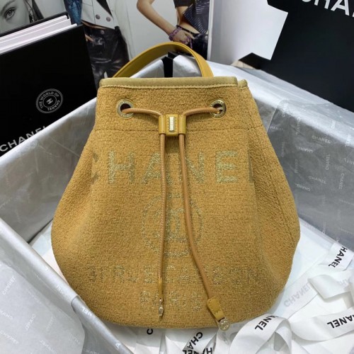 CHANEL Sac à cordon en cuir de veau tweed métal doré 60588 jaune