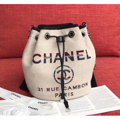 CHANEL Sac à cordon en cuir de veau Tweed Métal doré AS0455 Crème