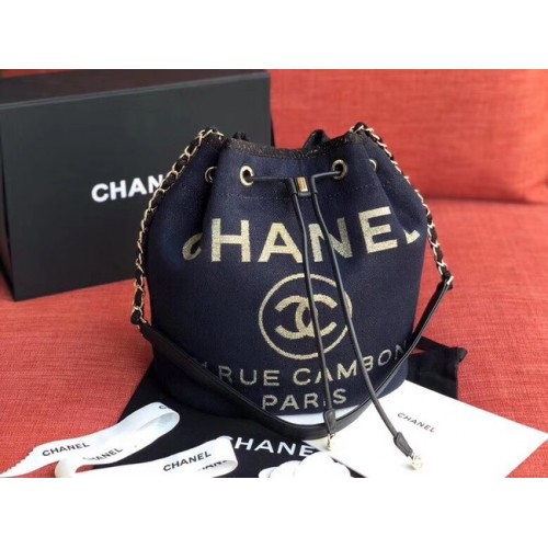 CHANEL Sac à cordon en cuir de veau Tweed Métal doré AS0455 Marine