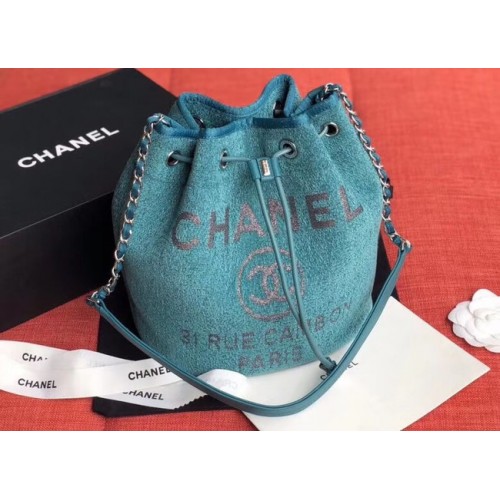 CHANEL Sac à cordon en cuir de veau tweed métal doré AS0455 bleu