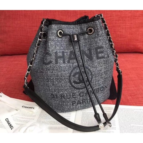 CHANEL Sac à cordon en cuir de veau tweed métal doré AS0455 gris