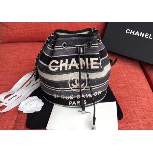 CHANEL Sac à cordon en cuir de veau Tweed Métal doré AS0455 gris.blanc.Marine