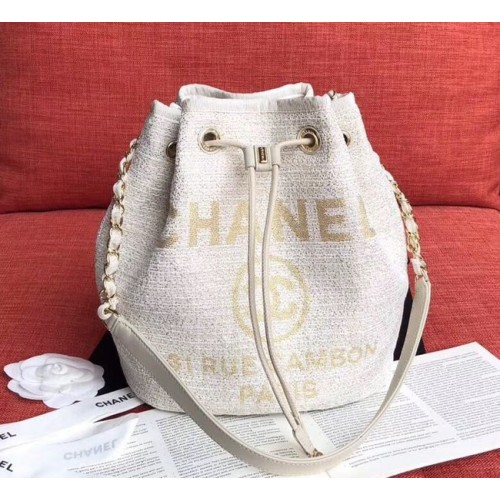 CHANEL Sac à cordon en cuir de veau tweed métal doré AS0455 blanc