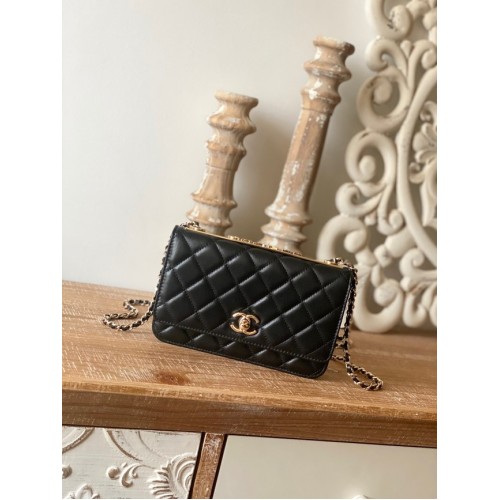 CHANEL PORTEFEUILLE SUR CHAINE Agneau Métal Doré 88632 noir