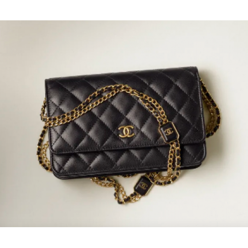CHANEL PORTEFEUILLE SUR CHAINE Agneau Métal doré AP2923 noir