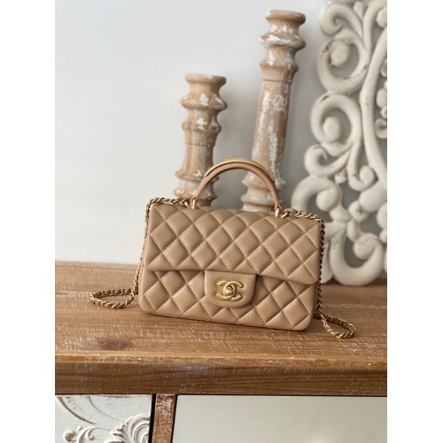 CHANEL 22B mini sac à rabat avec poignée supérieure dorée AS2431 Kaki