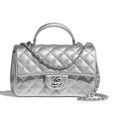 CHANEL mini sac à rabat avec poignée supérieure AS2431 Argent