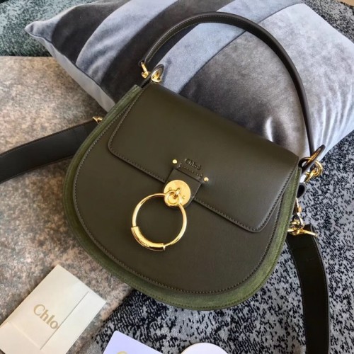 CHLOE Sac bandoulière en cuir et daim Tess 3S152 Vert noirâtre