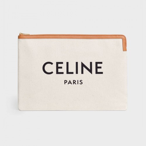 Celine POCHETTE GRANDE POCHETTE EN COTON AVEC IMPRIMÉ CELINE ET CUIR DE VEAU 10B802B MARRON