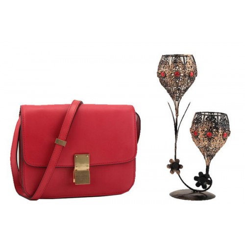 Celine Classic Box Petit Sac à Rabat Cuir Lisse 11042 Rouge Foncé