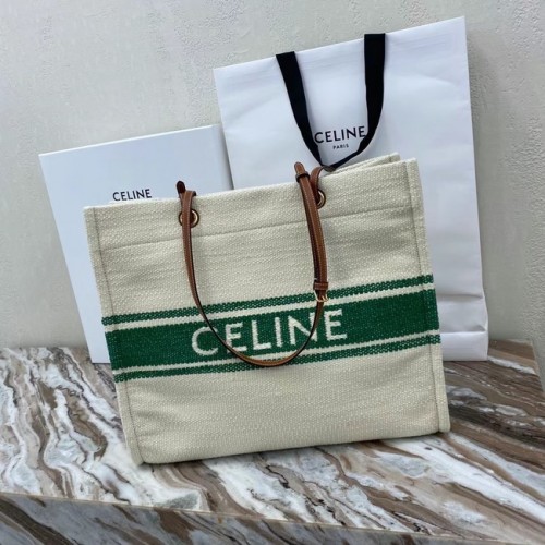 Celine CABAS CARRÉS CELINE EN TEXTILE PLEIN SOLEIL ET CUIR DE VEAU 192172 GREEN&TAN