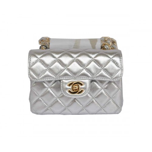 Mini sac à rabat classique Chanel pas cher 1115 matériel doré en peau de mouton argenté clair