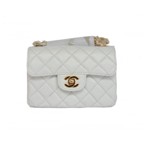 Mini sac à rabat classique Chanel pas cher 1115 matériel doré en peau de mouton blanche
