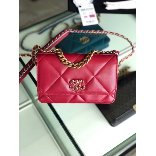 Chanel 19 Classic Portefeuille chaîne en cuir de mouton AP0957 Métal doré rouge