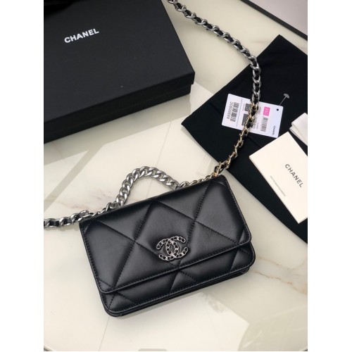 Chanel 19 Classic Sheepskin Leather Chain Wallet AP0957 métal noir argenté