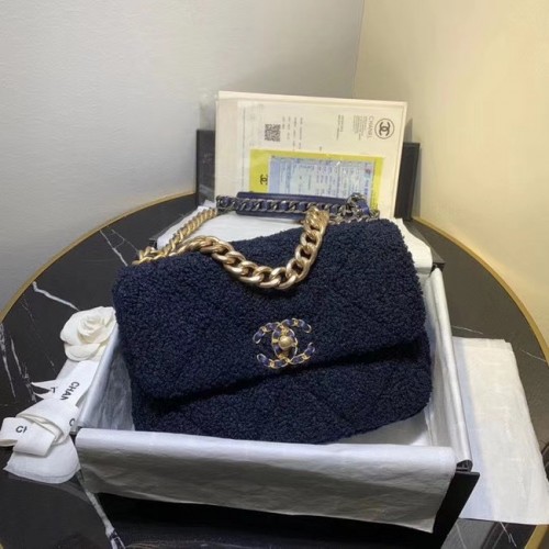 Chanel 19 sac à rabat en laine AS1160 Bleu Roi