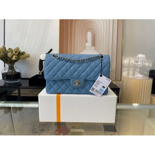 Chanel 2.55 Sac à rabat en cuir d'origine 1112 Bleu clair avec quincaillerie argentée