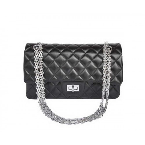 acheter pas cher Chanel 2.55 Series 1122 Classic Black Sheepskin Flap Bag Silver Hardware