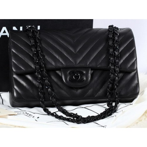Chanel 2.55 Series Flap Bag Sheepskin Chevron Quilting A1112 Noir