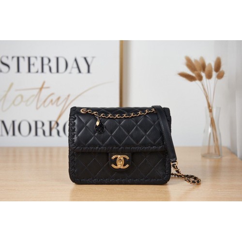 Chanel 22C New Woven Piping Square Sac en cuir d'origine AS2496 Noir
