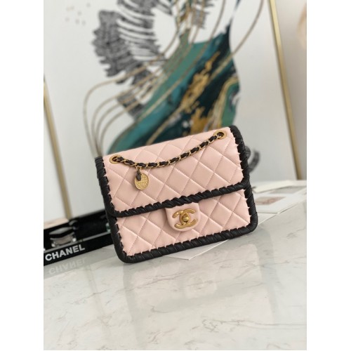 Chanel 22C New Woven Piping Square Sac en cuir d'origine AS6075 rose