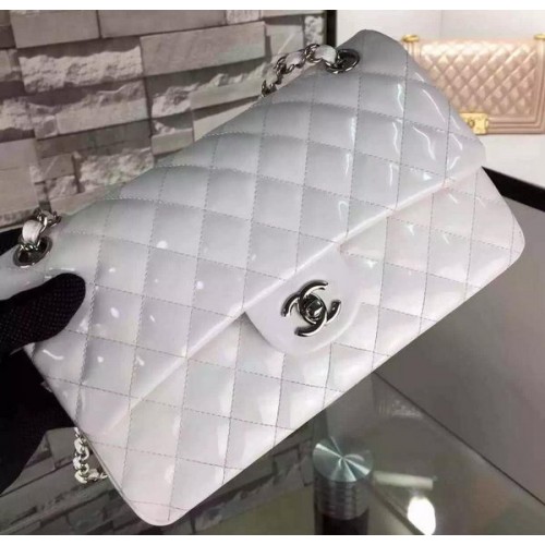 Chanel 2.55 Series Double Flap Bag Blanc Original Cuir Verni CF7024 Argent