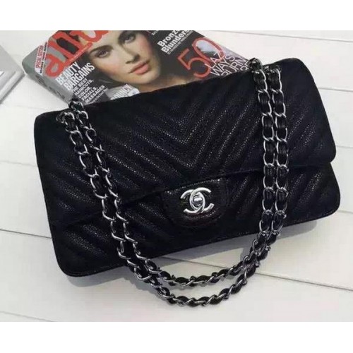 Chanel 2.55 Series Flap Bag Black Cannage Pattern Chevron Leather A1112V Argent