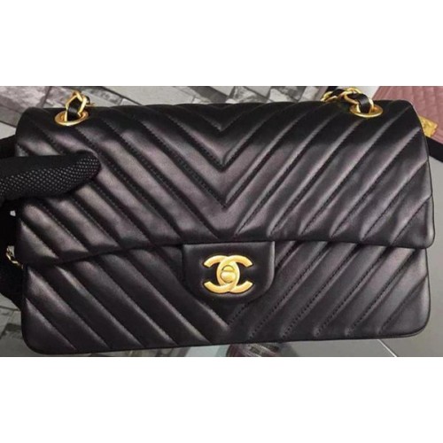 Chanel 2.55 Series Flap Bag Black Lambskin Chevron Leather A5023 Or