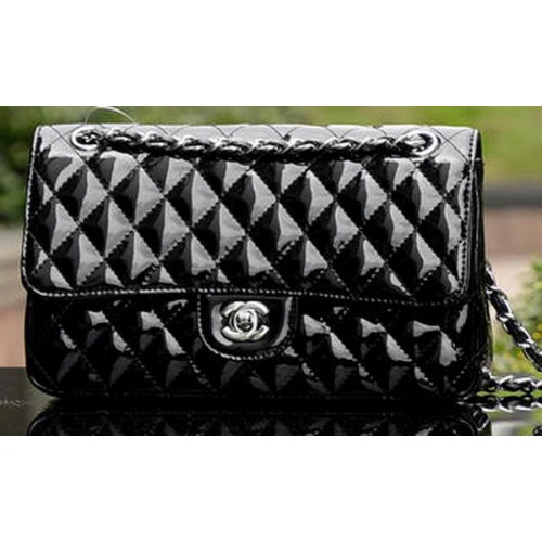 Chanel 2.55 Series Flap Bag Cuir verni noir A1112 Argent